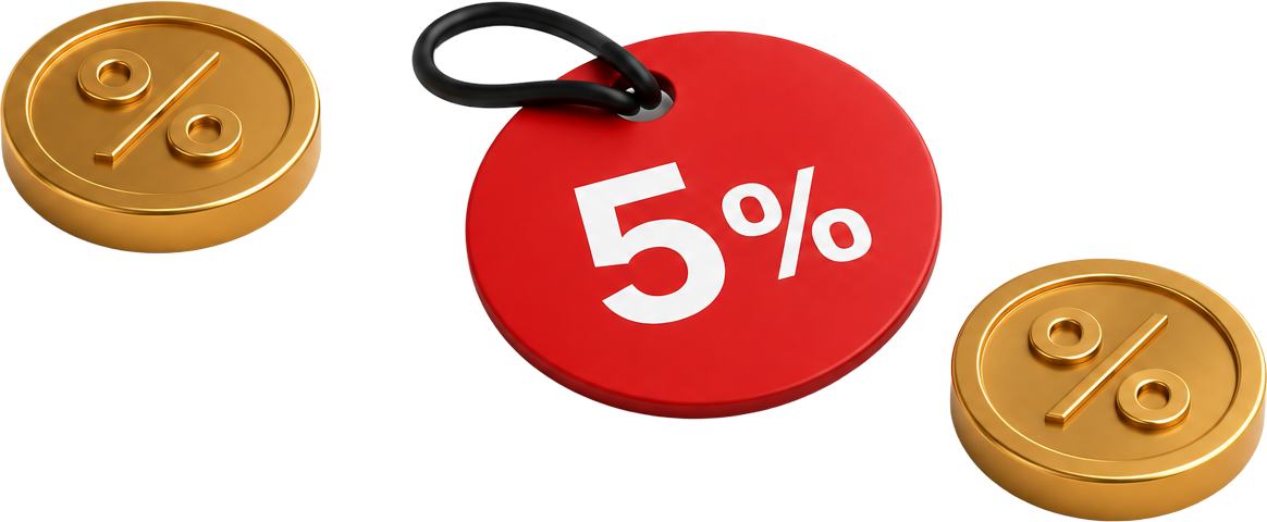 Золотые монеты с символом процента и красный ценник «5%»