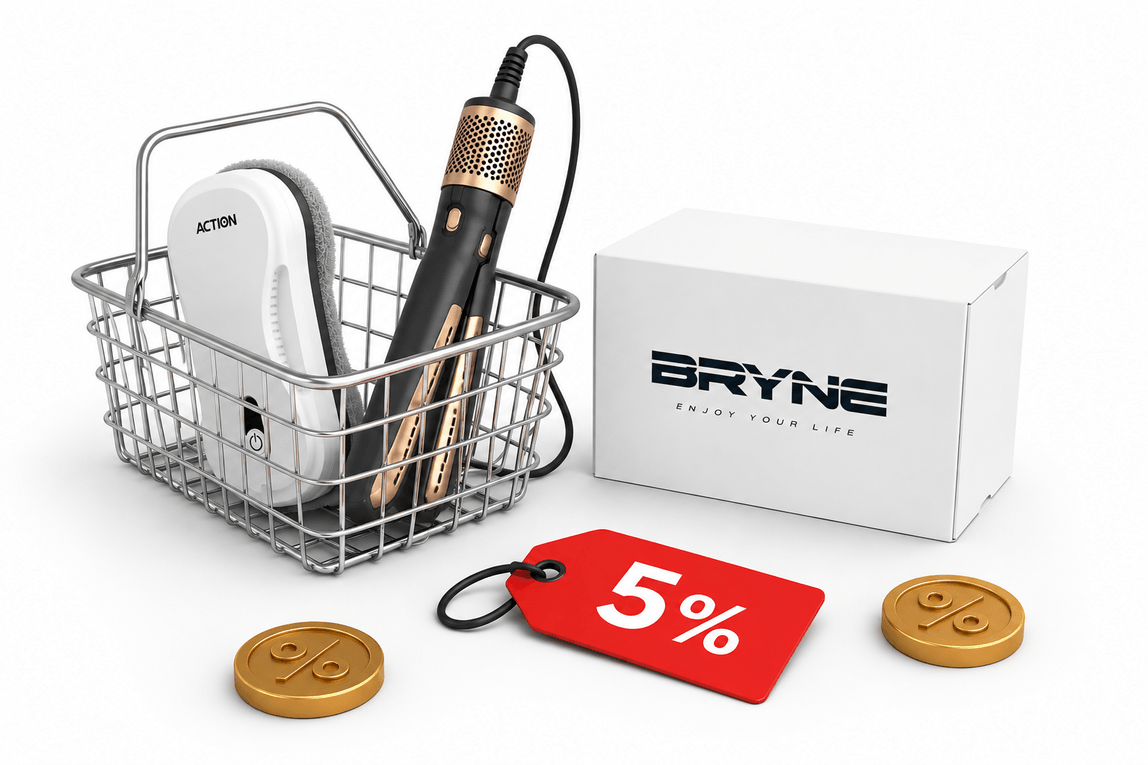 Техника BRYNE в корзине рядом с золотыми монетами и красным ценником «5%»